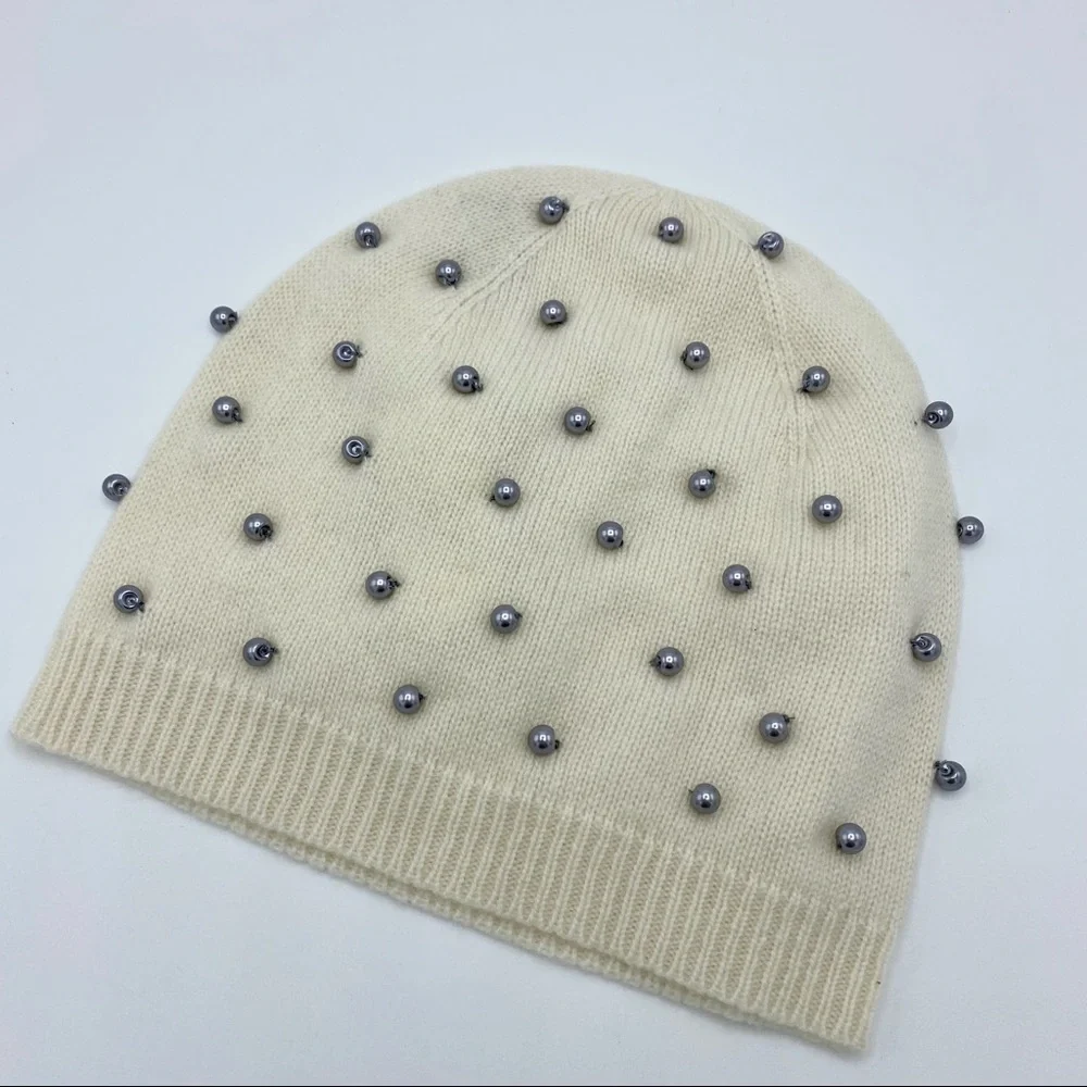 Quinn Cream Grey Pearl Trim Cashmere Beanie